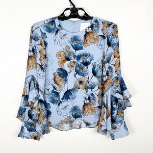 PROSE & POETRY Blue Floral Tiered Ruffle Bell Sleeves Blouse, Size XS